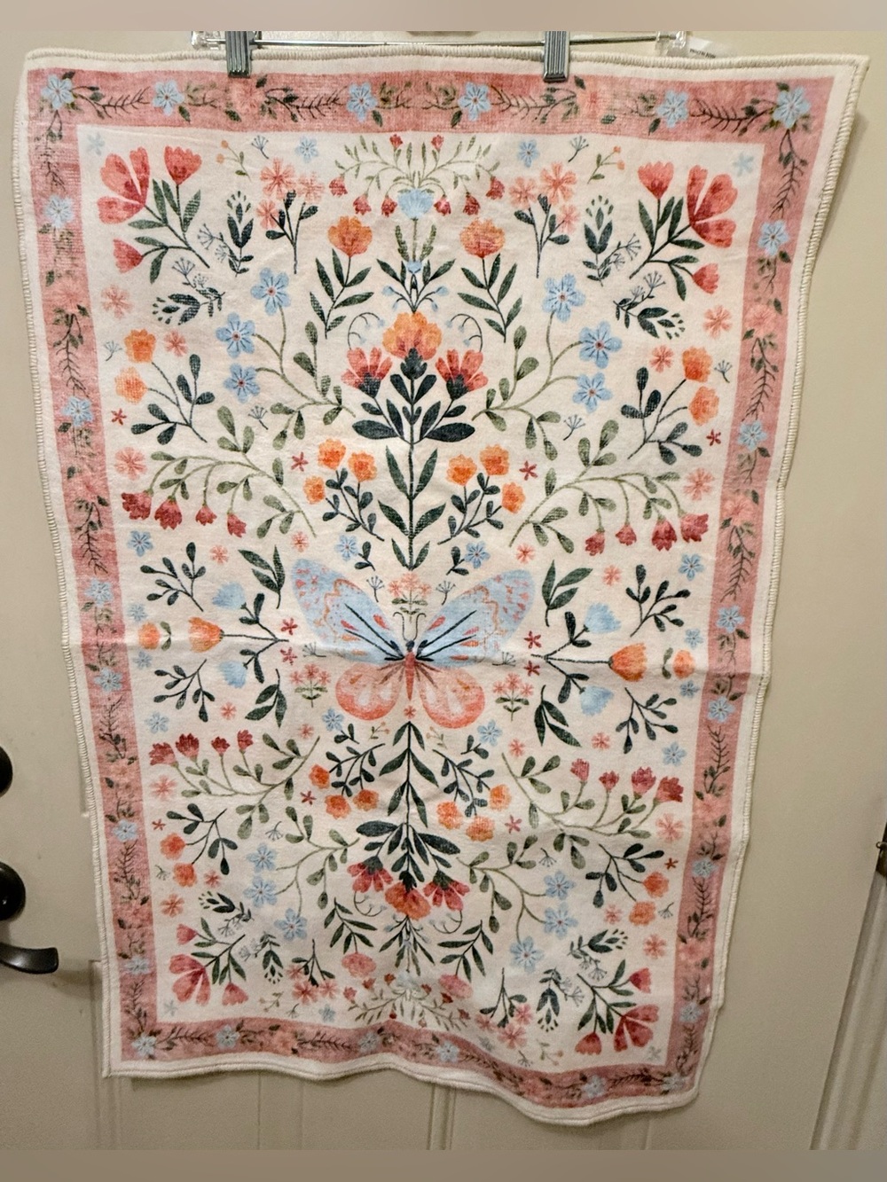 Rug or Mat with a Flower and Butterfly Pattern Summertime Colors Non-slip Back - Picture 2 of 5